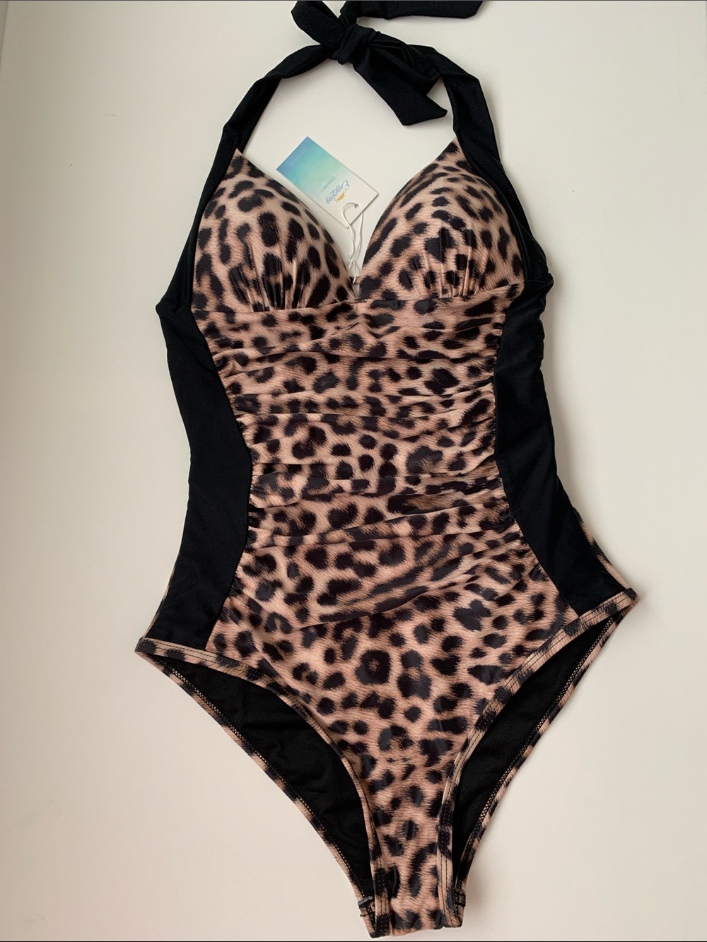 NWT Eagarbuy Leopard Print Halter One-Piece Swimsuit - Black & Brown Size M